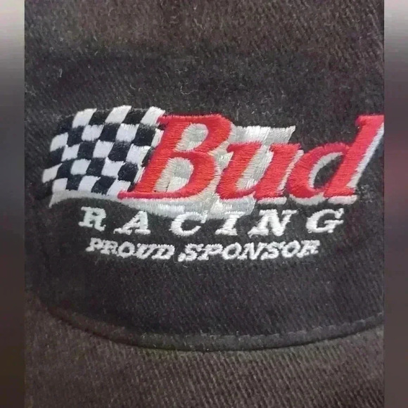 Bud  Racing Vintage 90s Strapback Cap Hat Budweiser Beer Black Baseball - Picture 6 of 8